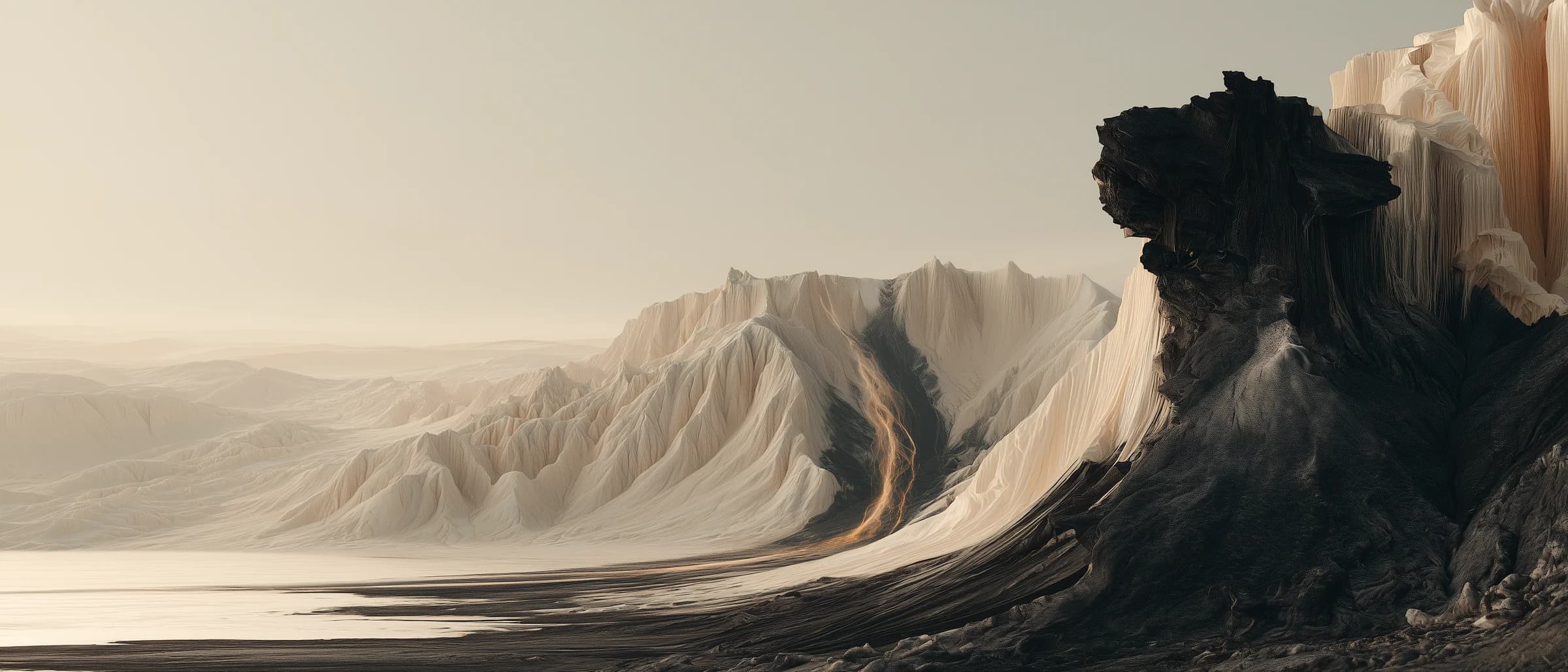 Ivory ridges and charcoal terrain reveal a path toward the horizon
