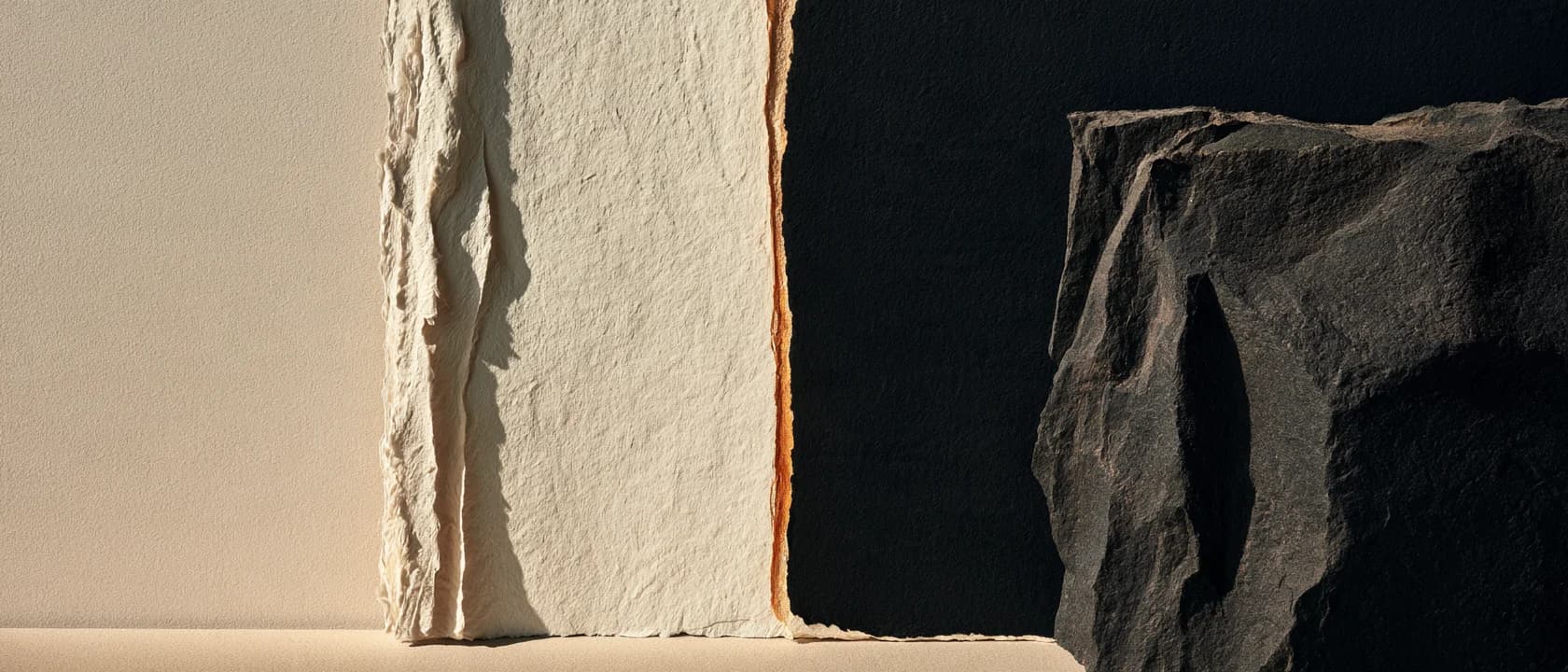 Ivory paper and charcoal forms in an abstract assemblage