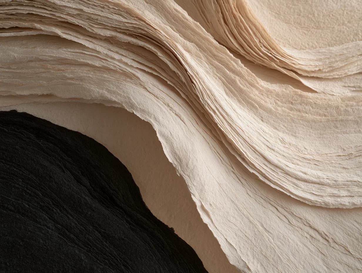 Flowing layers of ivory paper around a dark crescent